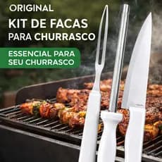 Kit Churrasco 3 Peças Aço Inox Original Line – Faca, Garfo e Chaira Linha Cook  Aço Inox Premium com Cabos Brancos