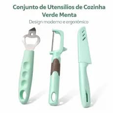 Kit Com 3 peças Descascador e Abridor de Lata Verde Menta — Para Facilitar o Preparo na Cozinha Para Uso Doméstico