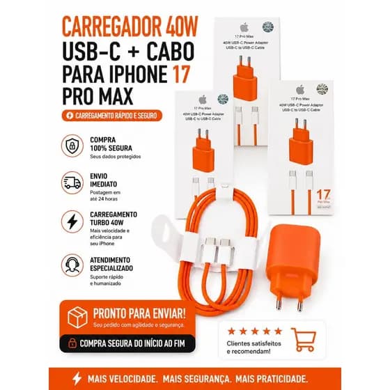 Carregador rápido 40W tipo C para Iphone 15 16 e 17 - Cor laranja