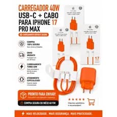 Carregador rápido 40W tipo C para Iphone 15 16 e 17 - Cor laranja