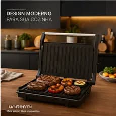 Grill Elétrico Unitermi 1000W Sanduicheira Antiaderente Prensa Inox Para Lanches Carnes e Grelhados