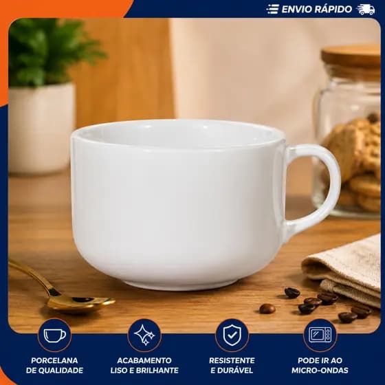 Caneca Jumbo Porcelana Branca 450ml Xícara Bowl Sopa Caldos Café