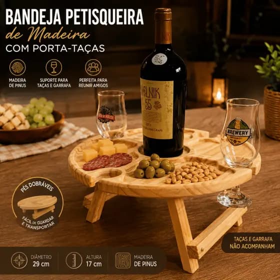 Petisqueira De Madeira com Porta Taças Dobrável para Queijos E Vinho
