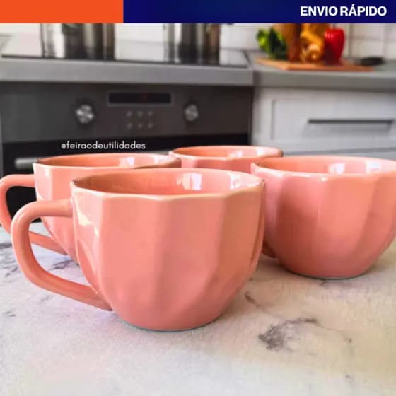 Kit Xícaras de Porcelana Prisma Rosa 200ml - Elegância em Cada Gole
