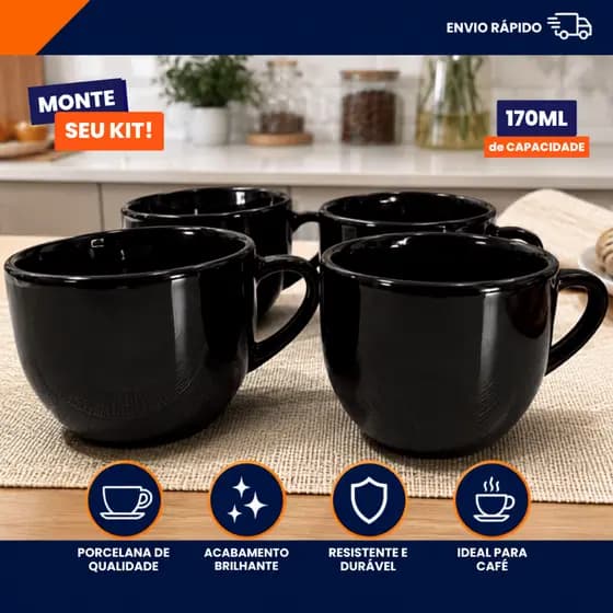 Kit Xícara Café Chá Porcelana Preta 170ml Lisa Chicara Hotel Cafeteria Buffet