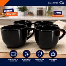 Kit Xícara Café Chá Porcelana Preta 170ml Lisa Chicara Hotel Cafeteria Buffet