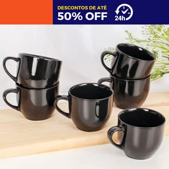 Kit com 6 Xícara Café 95ml Preta Porcelana Caneca para Chá e Café