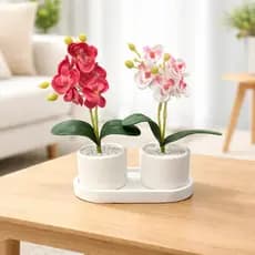 Kit 2 Vasos e Orquídeas Artificias com Bandeja Branco para Sala, Escritório, Casa, Apartamento Decoração