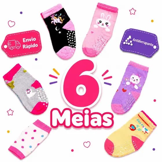 Kit Meias Menina 3 Pares Antiderrapante Com Estampas Sortidas e Coloridas Escola E Passeio Macias