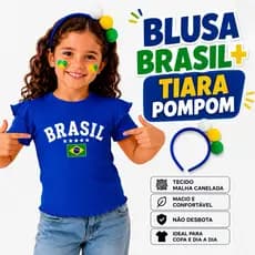 Blusa Infantil Brasil Menina + Tiara Pompom Camisetas Canelado Copa Promoção 2 ao 12 ( tiara vai variada )