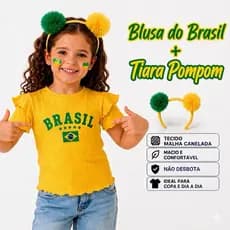 Blusa Brasil infantil + Tiara Pompom Brasil menina Copa do mundo Tamanhos 2 ao 12 anos (tiara vai variada)
