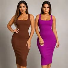 Vestido Midi Canelado Justo Feminino com Alças Largas e Decote Quadrado – Confortável e Estiloso