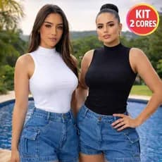 Kit 2 Regatas Feminina Ribana Canelada Gola Alta Premium – Preta e Branca Vermelho Não Transparente