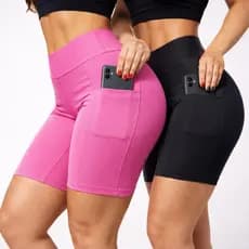 Kit 2 Shorts Fitness Feminino Cintura Alta com Bolso – Tecido Suplex, Alta Elasticidade, Academia