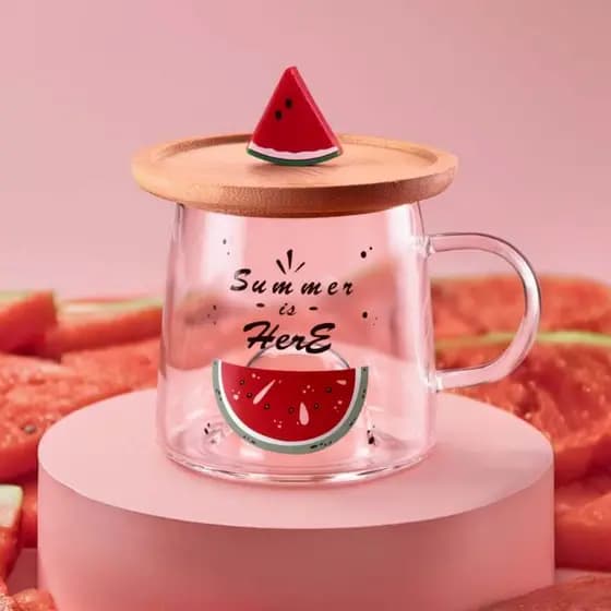 Caneca em Vidro Borossilicato 3D 280ml com Pires Tampa -   Ideal para Presentear