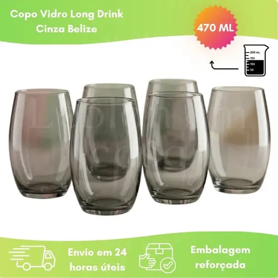 Jogo 6 Copos De Vidro Long Drink Belize 470ml Cinza - Para Drinks e Bebidas