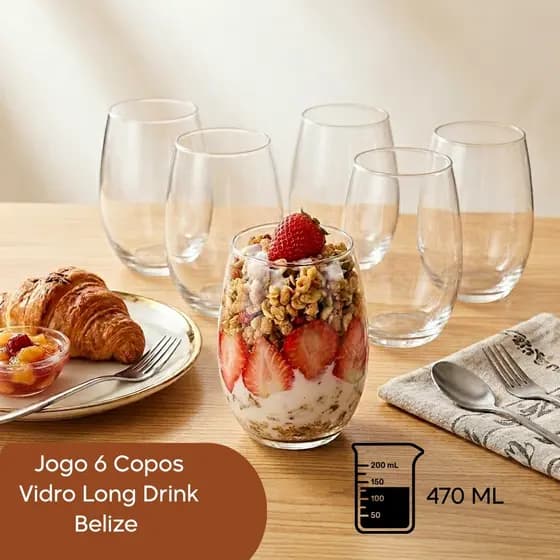 Jogo 6 Copos Vidro Long Drink Belize 470ml Transparente Luxo