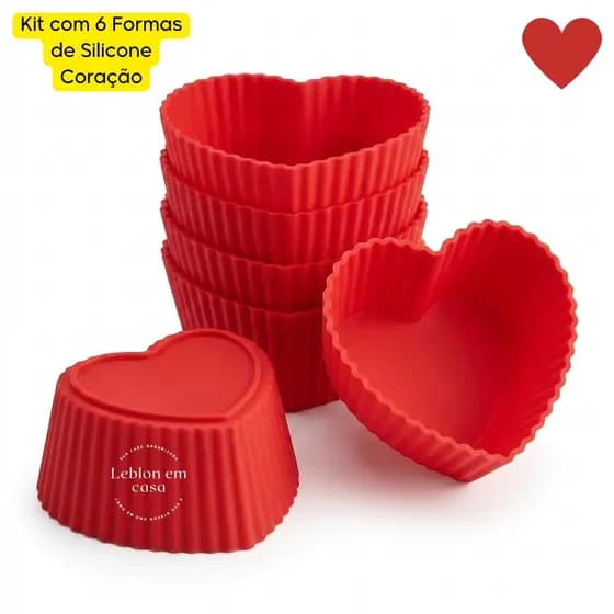 Kit 6 Formas Silicone Coração Cupcake Muffin Antiaderente Reutilizável Forno Vermelha 6cm