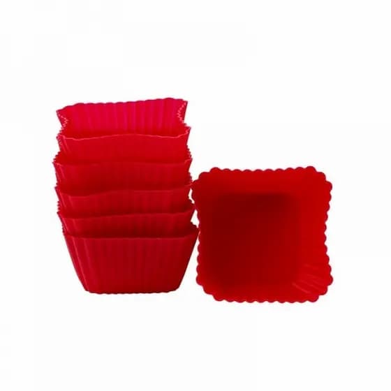 Kit com 6 Formas Silicone Quadrada para Cupcake Vermelha - Antiaderente e Reutilizável
