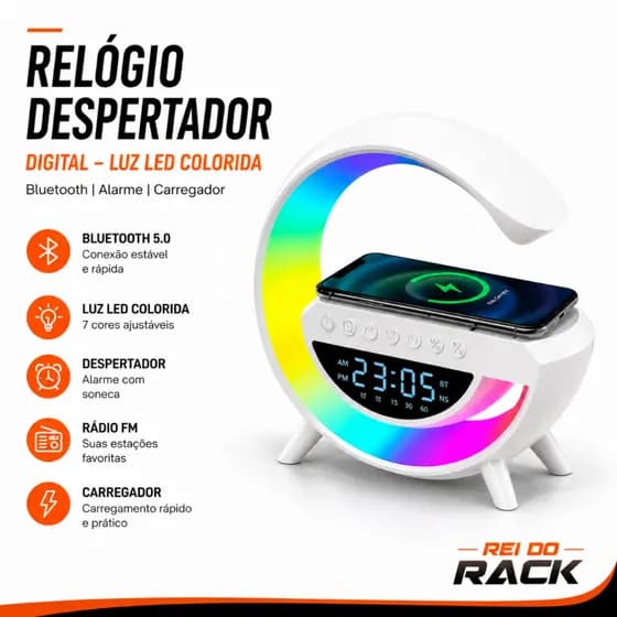 Relógio Despertador Digital LED Bluetooth Carregador Sem Fio Rádio FM Luz RGB