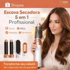 Escova Secadora 5 em 1 220V Profissional Modeladora Alisadora Branca Dourada Multifuncional
