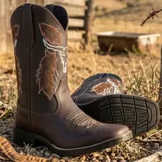 Bota Texana Country Masculina Cara de Boi Bordada Bico Quadrado Rodeio