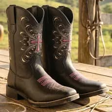 Bota Texana Cruz BK Bordado Rosa Botina Country Feminina