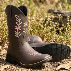 Bota Feminina Country Bico Quadrado Bordado Bota Barretão