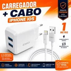 Carregador Rápido α'Gold 4.1A 2 USB + Cabo Lightning iPhone Certificado Anatel | Carga Rápida CA16-2/iOS