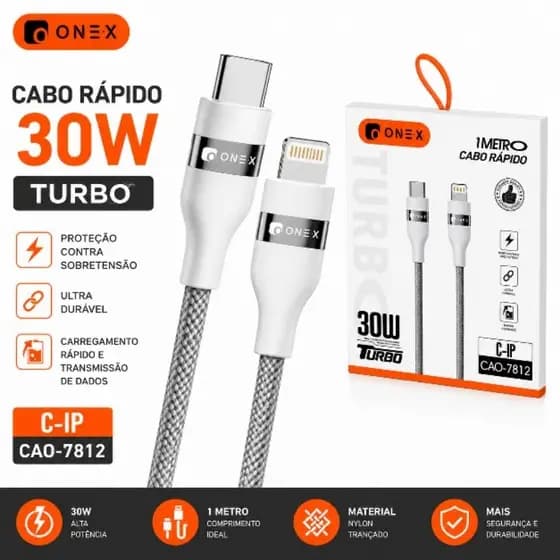 Cabo TURBO USB-C para Lightning Nylon Reforçado – Carregamento Rápido e Alta Durabilidade
