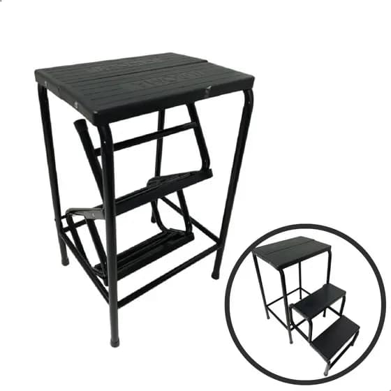 Banqueta Mini Escada Preta Dobrável 3 Degraus Antiderrapante