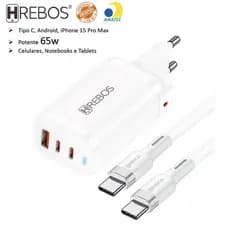 Kit Carregador 65W Triplo + Cabo Compatível Samsung Iphone 1516 17 Pro Max Notebook Tablet Celular