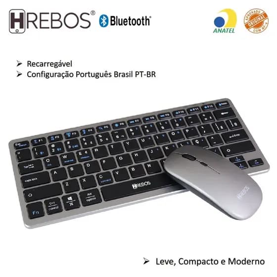 KIT Teclado & Mouse Brushed Black Recarregável Compacto Universal Compatível Windows MAC Android iOS