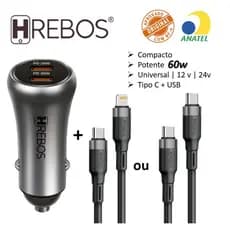 Kit Carregador Veicular 60w Duplo Tipo C Smartphone Tablet Notebook iPhon 15 16 Pro Max