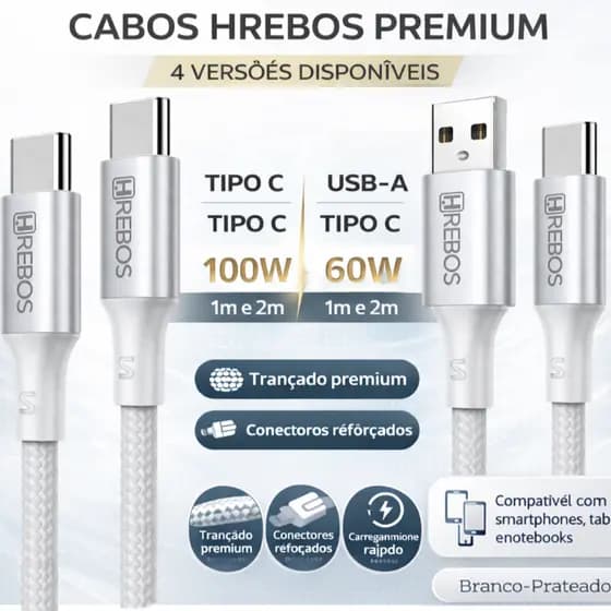 Cabo Tipo C | 100w Trançado | USB A p/ Tipo C Celular Notebook Tablet Samsung Iphone 15 16 17 1m 2m