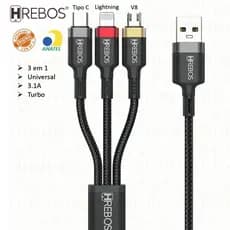 Cabo 3 em 1 Universal Trançado | Tipo C | Lightning | V8 Turbo 3.1A Resistente 1m