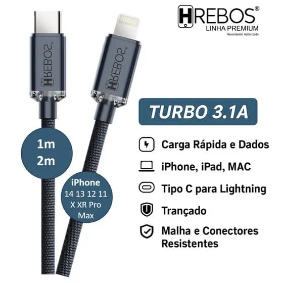 Cabo Tipo C para Lightning Turbo 30w iPhone 14, 13, 12, 11 Pro Max iPad Mac