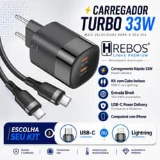 Carregador Hrebos PD 30W/33W USB-C Turbo Rápido Bivolt 1 ou 2 Saídas Tipo C com Cabo Original