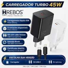 Carregador 45w PD Tipo C USB--C Hrebos H-Charge Turbo Power Delivery Bivolt Certificado ANATEL