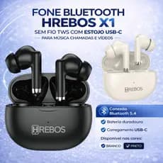 Fone Bluetooth Hrebos X1 Sem Fio TWS Com Estojo USB-C Para Música Chamadas Mic Vídeos Home Office