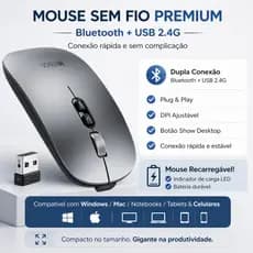 Mouse Sem Fio Recarregável Bluetooth ou Pino USB DPI Ajustável Note Tablet Android iOS Windows