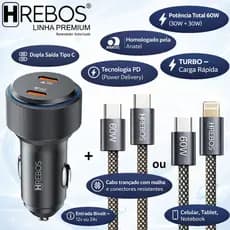 Carregador Veicular Hrebos 60W USB-C PD Dupla Saída | Kit com Cabo Tipo C ou Lightning CRV-209