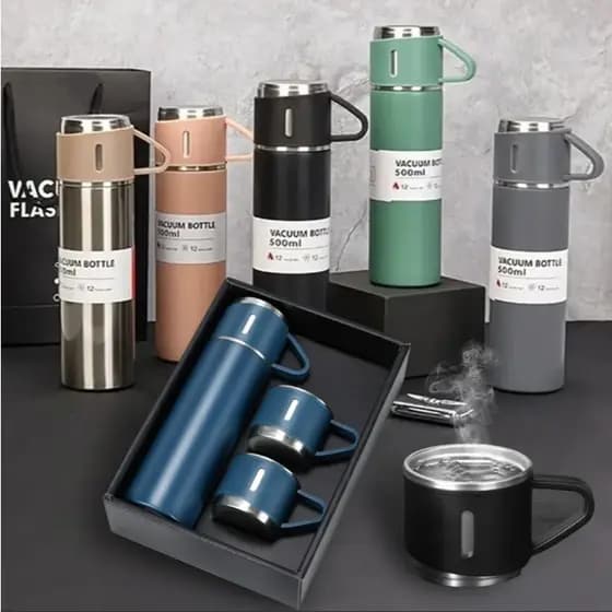 Kit Garrafa Térmica 500ml Com 3 Xícaras inox aço cafe água quente ou Frio vácuo vacuo isolada Cores diversas