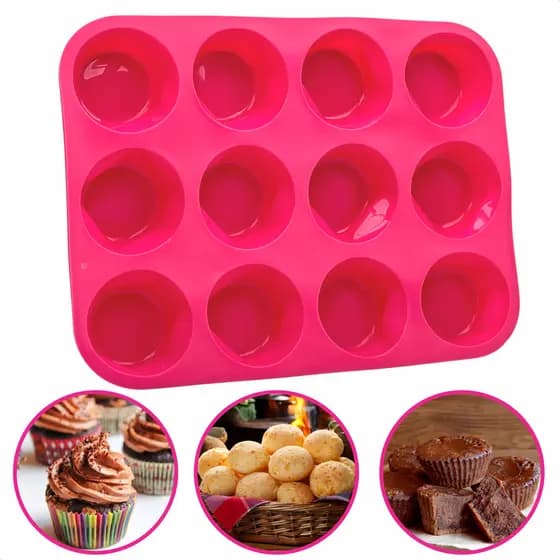 Assadeira Forma De Silicone Pão De Queijo CupCake Mini Bolo12 Cavidades Rosa