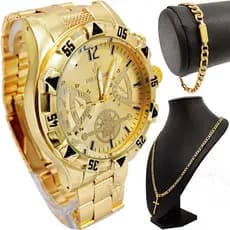 Relógio Masculino Dourado Original Barato + Corrente Masculina Pulseira e Pingente