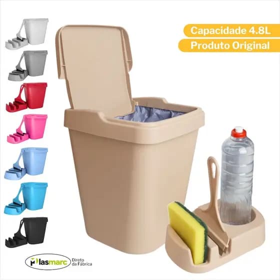 Conjunto Para Cozinha com Kit Pia Elegance Color Porta Detergente Lixeira 4,8L Rodinho