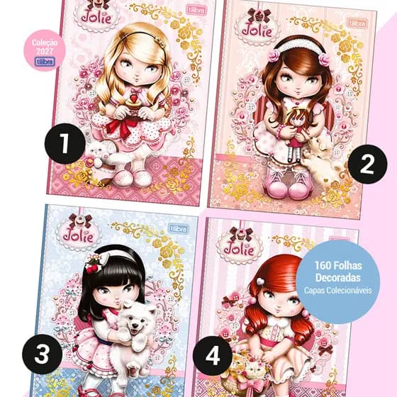 Caderno Brochura Colegial Jolie 160 Folhas Decoradas Tilibra