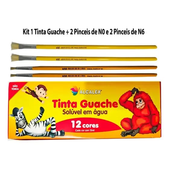 Tinta Guache 12 Cores Vivas mais 4 Pincéis de Nº0 e Nº6 para Escolar e Festas