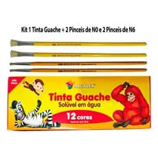 Tinta Guache 12 Cores Vivas mais 4 Pincéis de Nº0 e Nº6 para Escolar e Festas