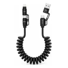 Cabo Espiral Veicular 4 em 1 65w 2m Tipo C Lightning Usb Usb-c para Carro Moto Carregamento Rápido